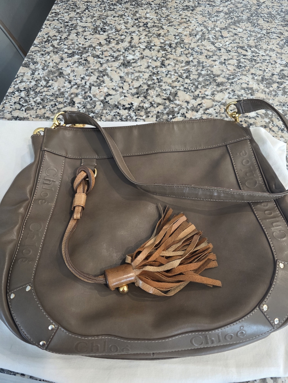 Chloe Taupe Leather Shoulder Bag with Tan Tassel